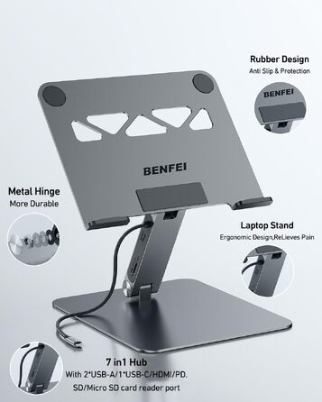 Підставка для ноутбука BENFEI з док-станцією 7-в-1 USB-C: HDMI 4K@60Hz, SD/MicroSD, Power Delivery 100W, USB 3.2 10Gbps для MacBook Pro/Air, iPad Pro, XPS, ThinkPad