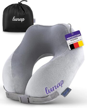 Дорожня подушка для шиї Memory Foam lunap, сіра, ортопедична, для літака та авто, знімний чохол