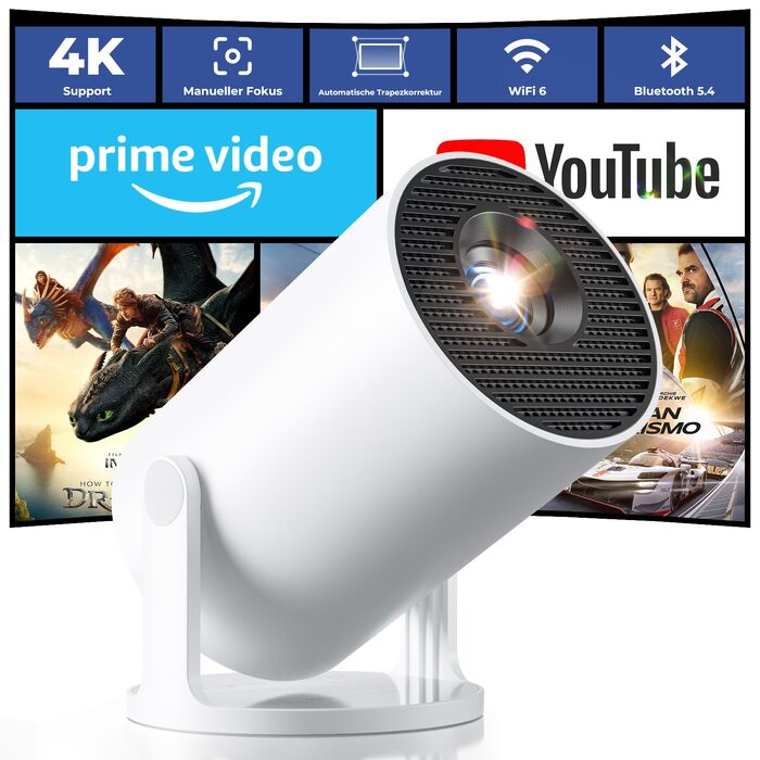 Mini проектор 4K Beamer з Android 14, WiFi 6 та Bluetooth 5.4 – 20000 Люмен, Автокорекція трапеції, Портативний кінотеатр для дому (білий, 15x11x18 см)