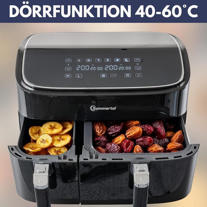 Аерофритюрниця з подвійною камерою Sommertal HF DUAL 900, 9 л, 2850 Вт, з функцією сушіння, сенсорним дисплеєм та 6 програмами, BPA-free