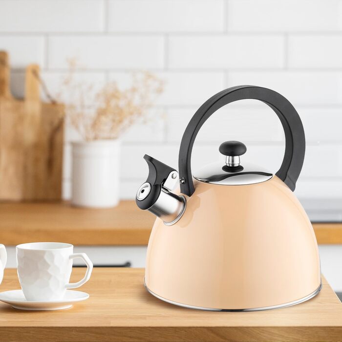 Чайник FLORINA Fenny Satin Induktion 2.5L з флейтою, нержавіюча сталь, Cool-Touch, сучасний дизайн (Brillo - персиковий)