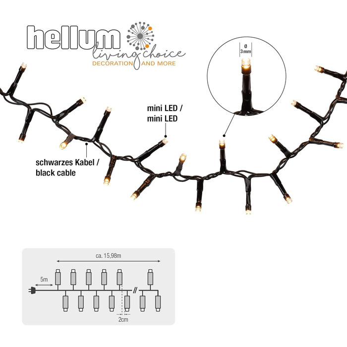 Гірлянда LED hellum 15,98 м, 800 LED, теплий білий, з таймером, для вулиці та приміщень, електрична, для ялинки, зі шнуром