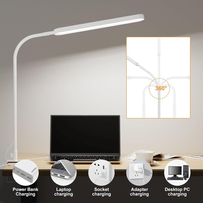 Настільна LED-лампа SKYLEO 85 см з гнучкою ніжкою, 5 режимів світла, 11 рівнів яскравості, таймер, пам’ять, 1300 Лм, 12W, чорна, з прищіпкою, для офісу та дому