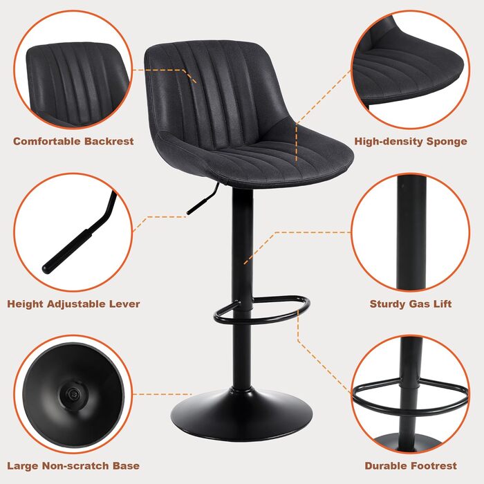 Барний стілець Youhauchair, обертовий, з підлокітником, регульована висота, PU-шкіра, сучасний кухонний стілець, чорний