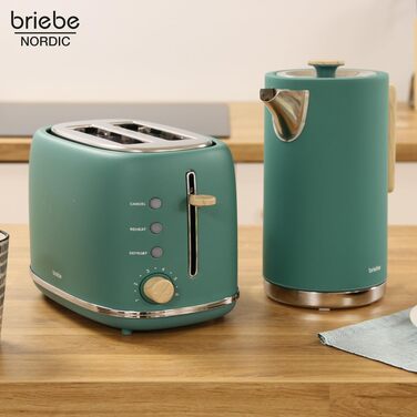 Тостер Briebe Nordic Set 2-слотовий з підставкою для булочок, 6 режимів + Електричний чайник 1.7л 2200W, BPA-free, Набір для сніданку в скандинавському дизайні (Зелений)
