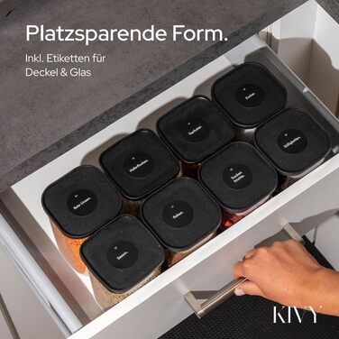 Набір скляних герметичних контейнерів для зберігання продуктів KIVY, квадратні, з кришками та етикетками, чорні, 12 шт.