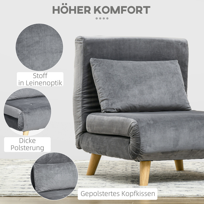 Розкладне крісло HOMCOM Sleeper з функцією ліжка та подушками, гостьове ліжко з регульованою спинкою, оксамитовий вигляд, до 125 кг, сірий