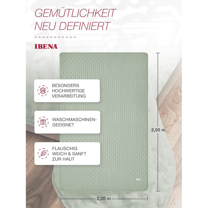 Постільна покривало Ibena Arles стібане для одномісного ліжка, 220x250 см, колір шавлія (зелений)