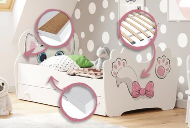 Дитяче ліжко Kids Collective 80x160 см з матрацом, шухлядою, дерев'яне, мотив кішка, європейське виробництво