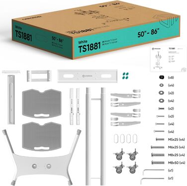 Мобільна стійка для телевізора ONKRON TS1881-W, регульована, для 50-86 дюймів, до 105 кг, VESA 800x500, на колесах, біла