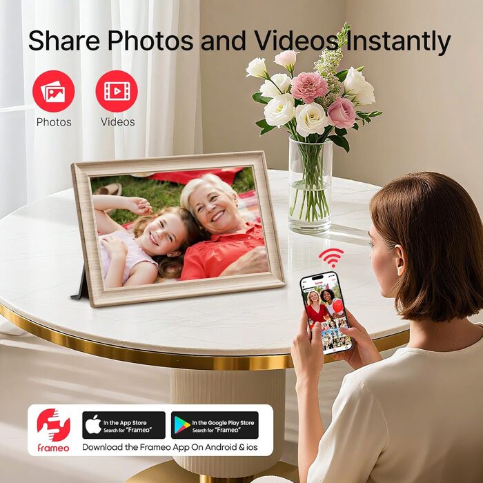 Frameo Цифровий фоторамка 10.1 дюймів, HD 1280*800 IPS сенсорний екран, 32GB пам'ять, автоповорот, Frameo App для обміну фото та відео, білий дерев'яний масив
