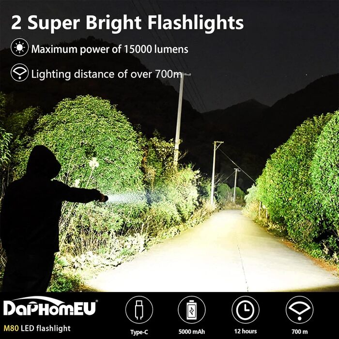 Ліхтарик daphomeu LED, акумуляторний, 500000 люмен, надяскравий, тактичний, зум, водонепроникний, 5 режимів, для кемпінгу, туризму, екстрених ситуацій (1 шт.)