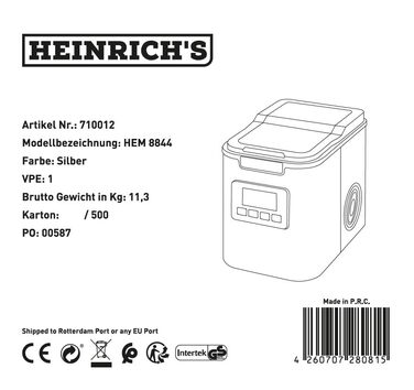 Машина для льоду HEINRICHS, льодогенератор з таймером, 3 розміри кубиків льоду, LCD-дисплей, резервуар 2,2 л, автоматичне очищення, нержавіюча сталь, 120 Вт