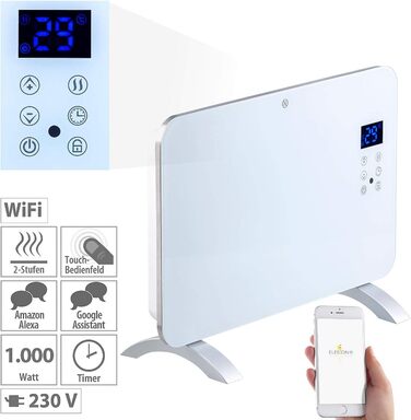Конвекторна електрообігрівач Sichler з Wi-Fi, 1000 Вт, настінний, з керуванням через додаток, сумісний з Alexa та Google Assistant, з тримачем для планшета