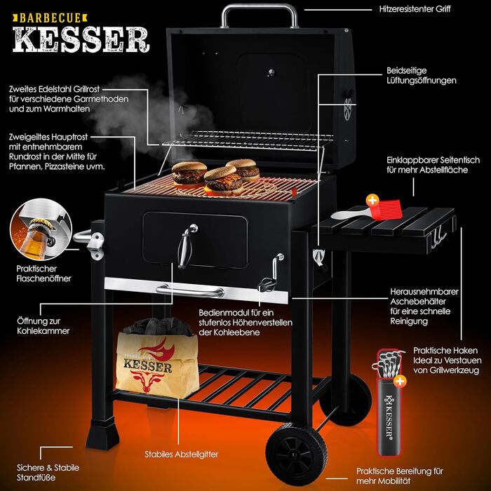 Гриль KESSER® Grillwagen BBQ Smoker XL з коліщатками, термометром та аксесуарами. Чорний котел для барбекю з нержавіючої сталі, решітка та 8 шампурів