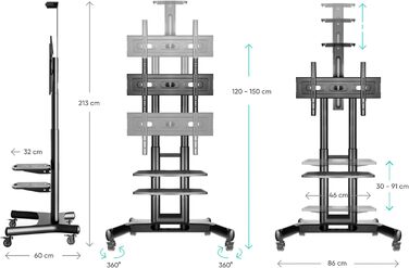 Мобільна стійка для телевізора ONKRON 40-70'' до 45,5 кг, чорна, з колесами та полицями, регульована висота, VESA 600x400