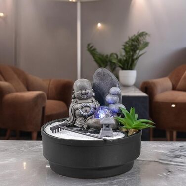 Настільний фонтан-дзен сад Sikhi Zen'Light з фігуркою Будди, кольоровою LED-підсвіткою та білим піском, 21 см — Декоративний фонтан для релаксації та інтер'єру