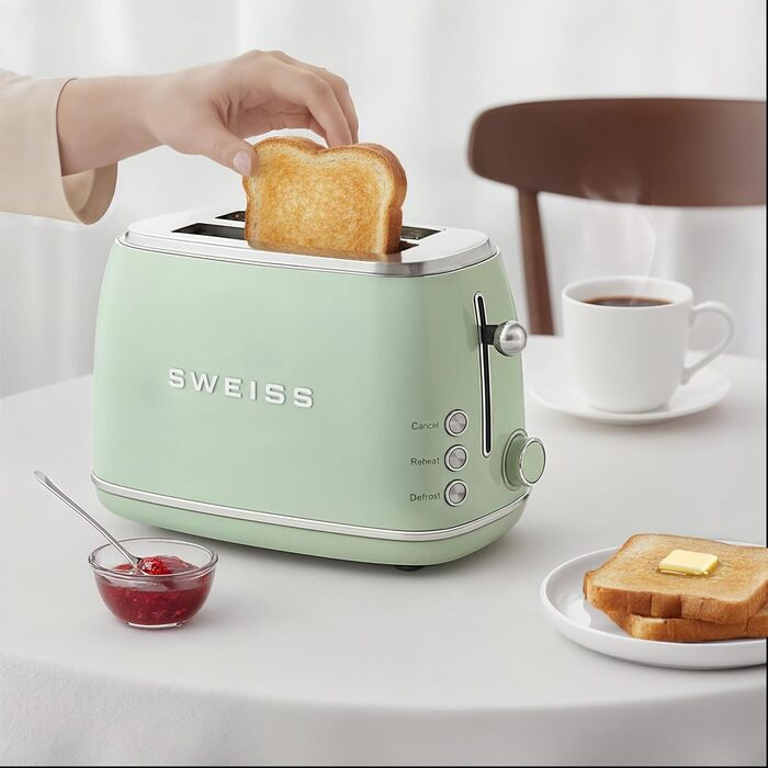 Тостер SWEISS Vintage GRV7, 2 відділення, 6 режимів підсмажування, для багетів, розморожування, нержавіюча сталь, 1500 Вт, зелений