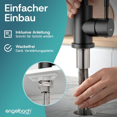 Кухонний змішувач Engelbach з поворотним виливом 360°, нержавіюча сталь 304, чорний