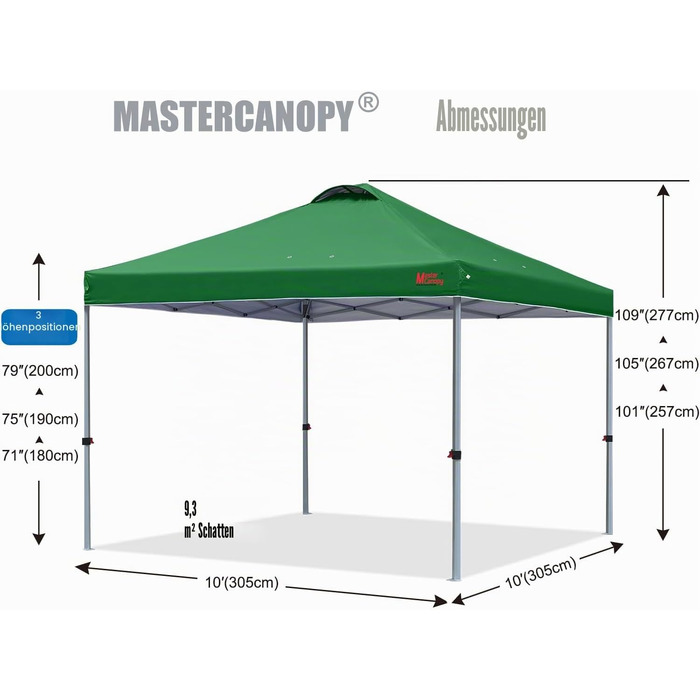 Павільйон садовий MasterCanopy 3x3 м, швидкозбірний, водостійкий, UPF50+, з сумкою та мішками, темно-зелений