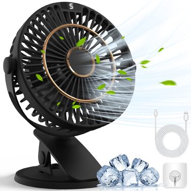 COZII Міні-вентилятор USB: кліпса на стіл, 720° поворот, 5 швидкостей, LED-дисплей. Портативний вентилятор для дому, офісу, дитячого візочка, подорожей - чорний