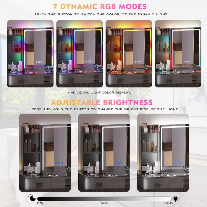 Туалетний столик з підсвіткою RGB, LED дзеркалом, табуретом, 6 шухлядами, скляною стільницею, тримачем для фену, USB Type-C, чорний