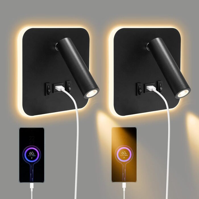 Комплект з 2 LED настінних світильників для інтер’єру з вимикачем і USB, 12W, 360° поворот, сучасна настінна лампа 3000K тепле біле світло для спальні та вітальні