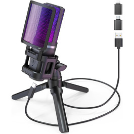 Ігровий USB-мікрофон Zealsound для ПК, стрімінгу, подкастів, студії, з адаптером Type-C, RGB-підсвіткою, кнопкою вимкнення звуку, штативом, поп-фільтром, антивібраційним кріпленням і виходом для навушників, сумісний з PS4, PS5, Mac, смартфонами