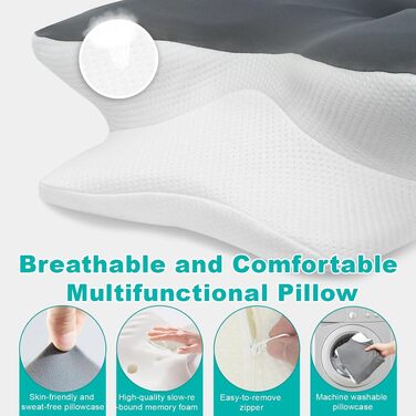 Ортопедична подушка з піни Memory Foam для шиї та голови 63x42.5x13.8/9 см, ергономічна для сну на боці, спині та животі