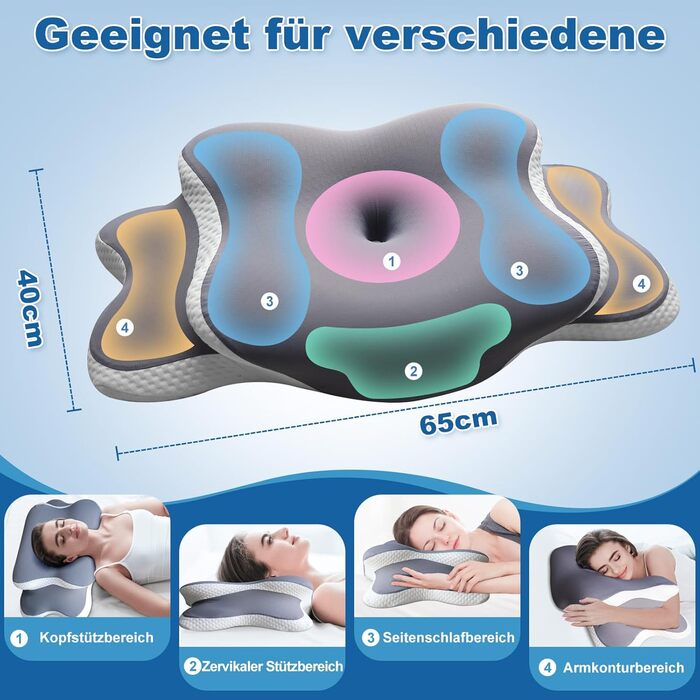 Ортопедична подушка для сну - Memory Foam, для тих, хто спить на боці, спині та животі, з ефектом охолодження, знімний чохол (Сіра)