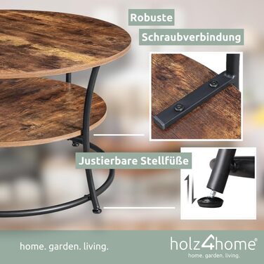 Журнальний стіл holz4home Lillie круглий, з полицею, індустріальний стиль, легка збірка, коричневий