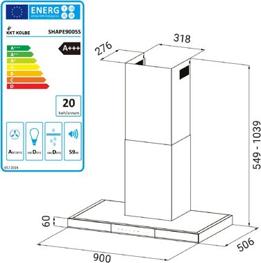 Витяжка кухонна KKT KOLBE FLAT6006ED настінна, 90 см, нержавіюча сталь та чорне скло, з WLAN, сенсорним керуванням та режимами відведення/рециркуляції повітря