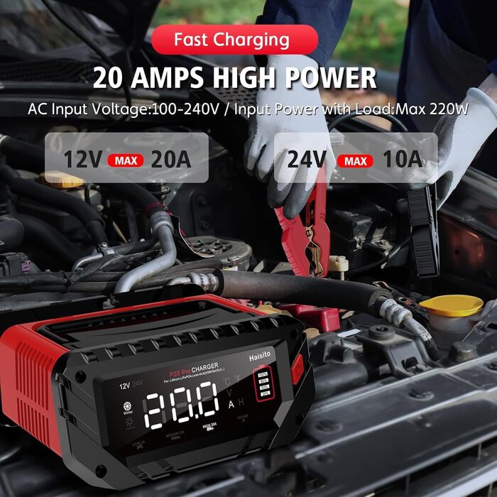 Швидкий зарядний пристрій Haisito 12V/24V 20A для акумуляторів автомобілів, мотоциклів, Li-Ion, AGM, Gel, MF, EFB, SLA, VRLA - розумний, швидкий зарядний пристрій