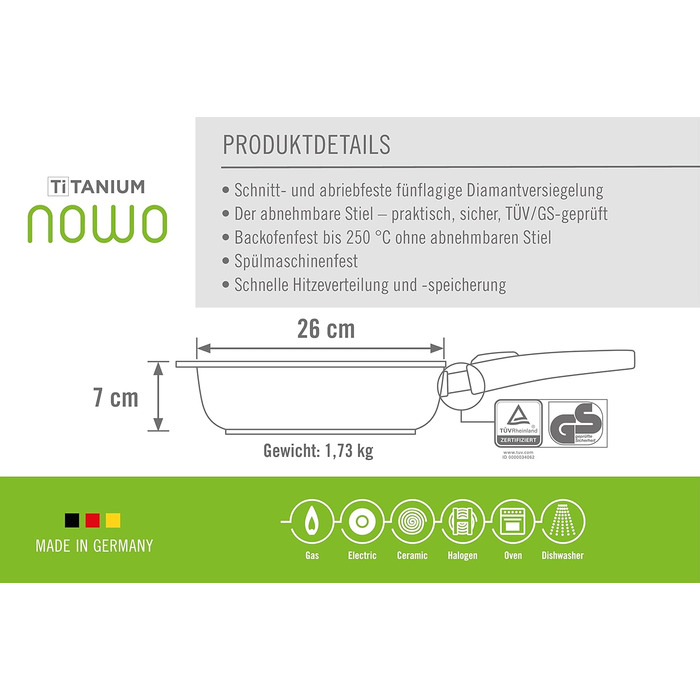 Сковорода Woll Nowo Titanium 26 см, високі борти, антипригарна, знімна ручка, для газових, електричних, галогенових плит, не для індукції