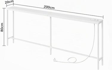 Консольний стіл MAHANCRIS з зарядним пристроєм та USB-портами, вузький стіл для дивана та передпокою, індустріальний стиль, 200 см, білий (ACTBK20UE01)