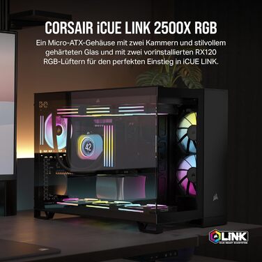 Корпус для ПК CORSAIR iCUE Link 2500X RGB, загартоване скло, mATX, Mid-Tower, подвійна камера, 2 вентилятори RX120 RGB у комплекті, широка сумісність з охолодженням, плата з реверсивним підключенням