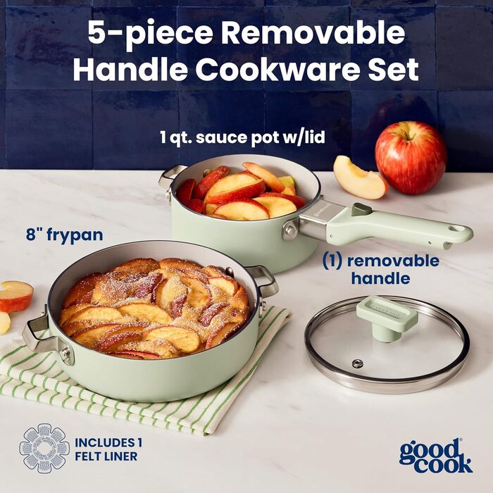 Набір посуду GoodCook Keramik 14 предметів з антипригарним покриттям, знімними ручками, для індукції та духовки, м'ятно-зелений (включає сковороду 20.3 см)