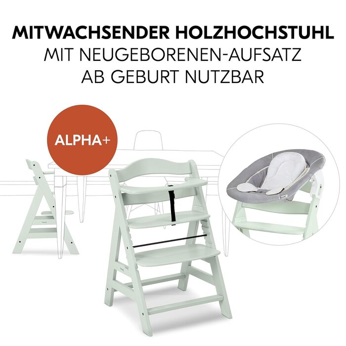 Дитячий високий стільчик Hauck Alpha+ Newborn Set з 2in1 гойдалкою - Зростаючий дерев'яний стільчик для годування з народження, з подушкою та гойдалкою для новонароджених - М'ятний Classic Mint