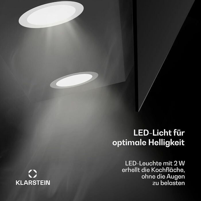 Витяжка кухонна Klarstein 60 см, похила, з RGB-LED підсвіткою, режим відведення та рециркуляції повітря, продуктивність 594 м³/год, клас енергоефективності A, чорна