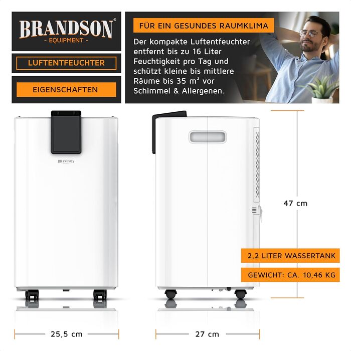 Осушувач повітря Brandson 16л з компресором для дому, спальні, підвалу - електричний, тихий, з дисплеєм