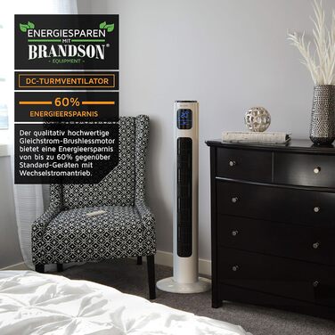 Brandson ECO Тихий турмовентилятор з DC-мотором, 12 швидкостей, напольний вентилятор із таймером, дистанційне керування, енергоощадний, дуже тихий, преміум-якість, переможець 2025