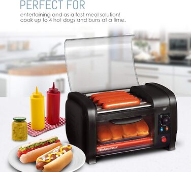 Тостер для хот-догів Elite Cuisine EHD-051B, 30-хвилинний таймер, сталеві нагрівальні ролики, піддон для крихт, 4 булочки, чорний, серія World Series Baseball