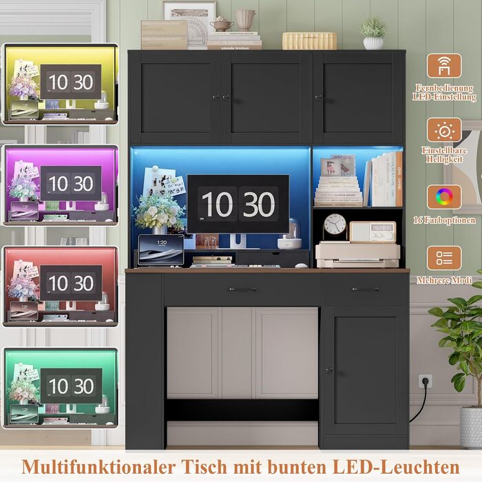 Письмовий стіл FirFurd 180x120x50 см з шухлядами, полицею для книг, LED-підсвіткою та розетками - дерев'яний комп'ютерний стіл для офісу, кабінету, дитячої кімнати (Чорний)