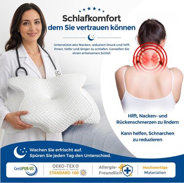 Ортопедична подушка для шиї та голови з ефектом пам'яті (Memory Foam) у формі метелика, ергономічна подушка для сну на боці та спині зі знімним чохлом, колір Alpine White
