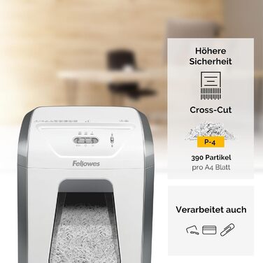 Fellowes знищувач паперу P4, 12 листів, перехресне різання, 19 л кошик, для офісу та дому, FS-12C, знищення кредитних карт, білий