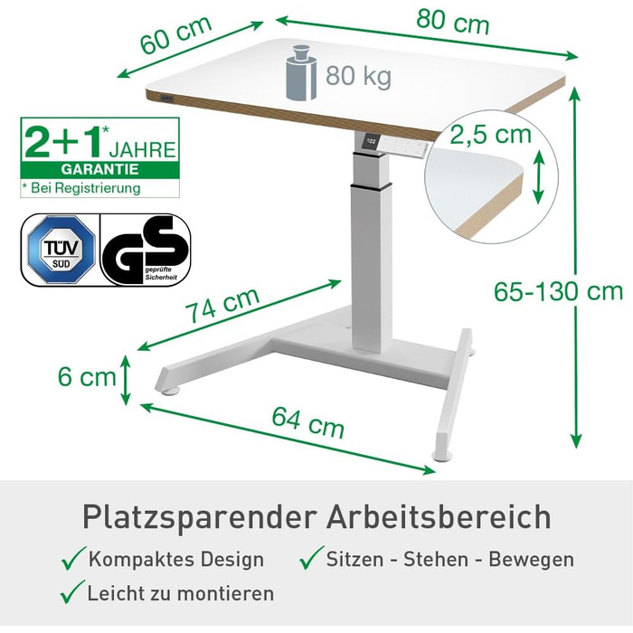 Регульований стіл Leitz Ergo Compact 80x60 см, білий - електричний, для офісу та дому, до 80 кг, з нагадуванням про зміну положення