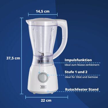 Блендер KHG STA-350W 1,5 л, подрібнювач льоду, міксер для смузі, 350 Вт, 4-лезове нержавіюче лезо, 2 швидкості, імпульсний режим