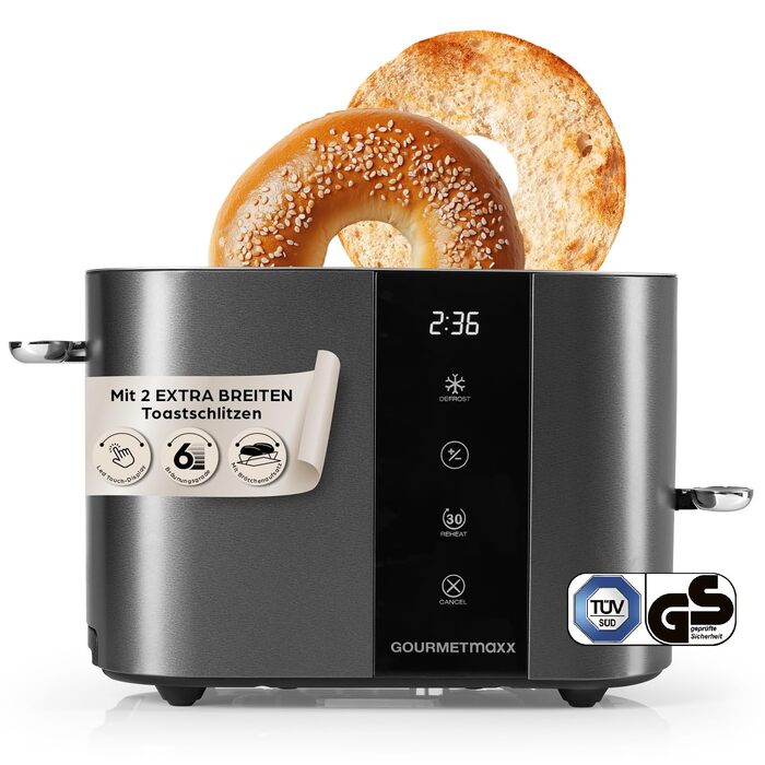 Тостер GOURMETmaxx для 2 скибок, антрацит: електричний тостер з 6 режимами підсмажування, таймером, підставкою для булочок та функцією підігріву, сенсорний дисплей