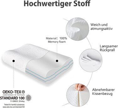 Подушка для шиї Lamb з Memory Foam, регульована висота, ергономічна, знімний чохол (50x36x10/8 см, біла)