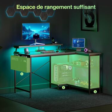 Ігровий кутовий стіл Coleshome з полицями та USB-розетками, з LED-підсвіткою для дому та офісу